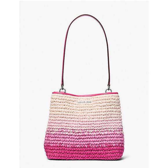 Michael Kors Pratt Women Medium Ombré Straw Bucket Shoulder Bag Dragonfruit - Picture 2 of 9
